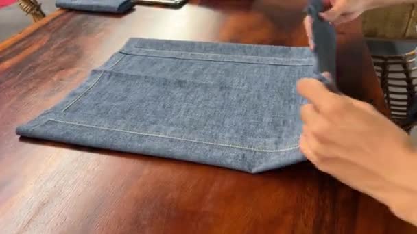Folding New Linen Dinner Napkin White Wooden Table Fold Gray — Stock Video