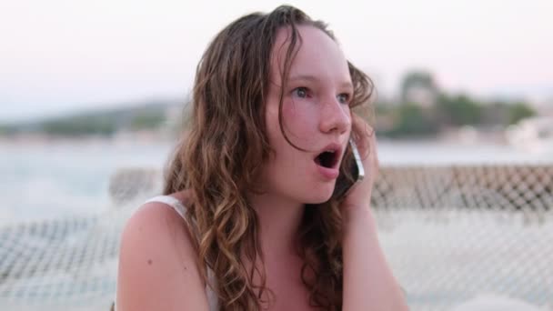 Woman Talks Phone Ordering Delivery Communicates Friends Uses Social Networks — Stock Video