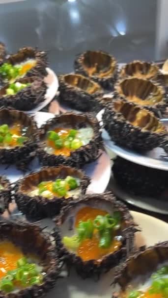 Fresh Seafood Platter Raw Sea Urchin Oysterson White Invisible Sea — Vídeo de stock