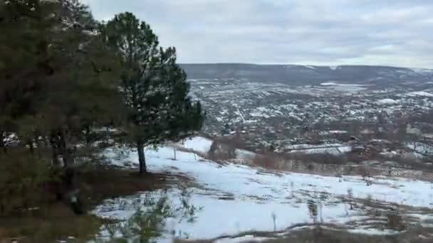 Atardecer Invierno Sobre Río Congelado Pueblo — Vídeo de stock