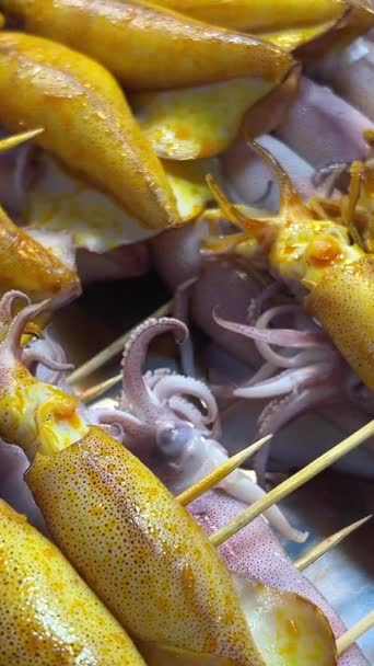 イカ焼きバーベキューチャコールで焼いたイカのポピー — ストック動画