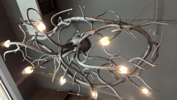 ロビーのラグジュアリーな美しい照明バルブ シャンデリアは天井から掛かります 底からのレストランの創造的なモダンなインテリア 木のストリングライトガーランドランプ電球 — ストック動画