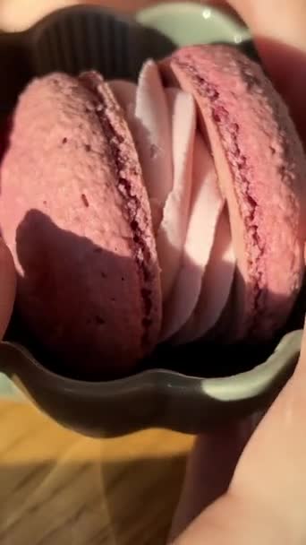 Close Caucasian Woman Biting Colorful Macaroons Background Pink Macaroon — Stock Video
