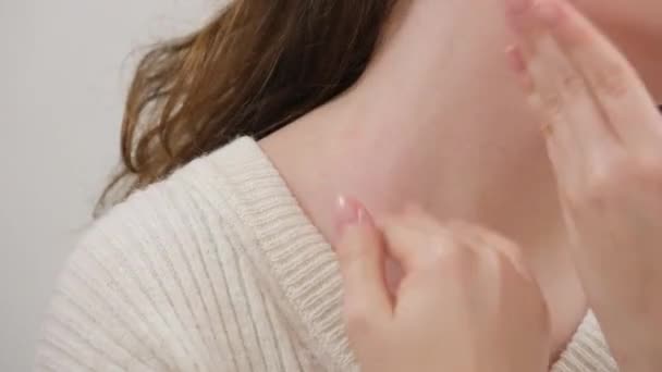 Neck Massage Young Woman Sitting Sofa Experiencing Neck Pain — Wideo stockowe