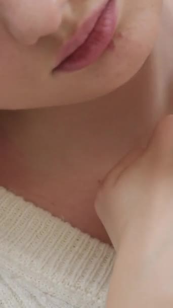 Neck Massage Young Woman Sitting Sofa Experiencing Neck Pain — Video