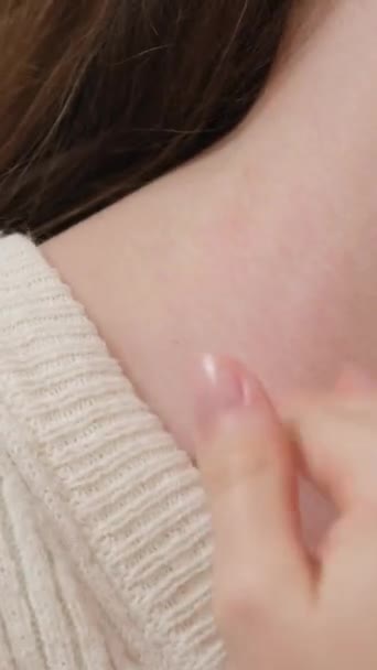 Neck Massage Young Woman Sitting Sofa Experiencing Neck Pain — Video