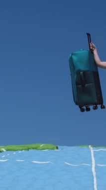 Güçlü bir kız, nazik bir kadın, kafasının üzerinde büyük bir bavul kaldırdı kadın gücü. Tatile çıkma arzusu