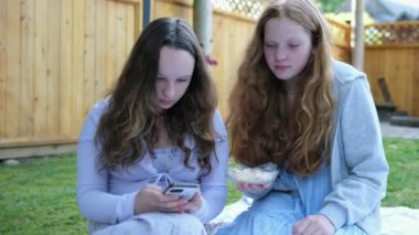 Girls eat fruit in nature, sit on the grass, communicate, use a mobile phone, social networks. scroll through feed