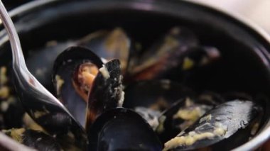 Midye ve istiridye pişirme süreci. Geleneksel deniz ürünlü makarna malzemeleri. Mutfakta kova pişiriyorum. Kızartma tavası ve haşlanmış midye. Modern mutfak ve mutfak aletleri. Soslu midyeler.