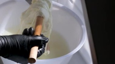 Elindeki mozzarella. Peynir yapmak için son adımlar. İtalyan sert peyniri silano veya caciocavallo, mozzarella.