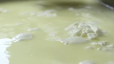 Süzme peynir hazırlamak için peynirle ısıtılan mayalanmış sütün süspansiyonunu zorlayın. Süzme peynir.