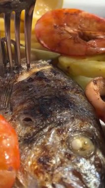 Patateslerin arasında, sarımsaklı limon ve biberiyeli bir tepside pişirilmiş deniz kremalı balık. Lezzetli gilthead deniz ürünleri. Yemekten çıkan sıcak buharla taze pişmiş. Dorado kızarmış.