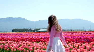Güzel çiçekli elbisesi olan çekici bir kadın baharda sonu gelmeyen lale tarlalarında yürüyor. Çiçek açan renkli lalelerin ve kızın havadan görünüşü. Hollanda, Hollanda 'daki Keukenhof bahçelerinde laleler.