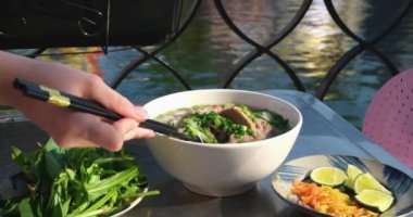 Bir kase Vietnam yemeği. Pho çorbası Vietnam
