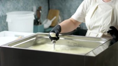 Çiftçi kadın süt çiftliğinde süt sağmak için konteyner tankına çiğ süt döküyor. Kariyer tarımı. Ağır çekim. Gerçek inekler Asya Tayland 'da süt sağar. Çiğ süt