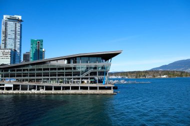 Güney Granville üzerinde uçan kuş sürüsü Vancouver şehir merkezi ve Kanada 'daki sahte dere manzaralı.