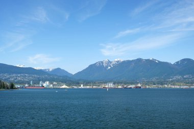 Güney Granville üzerinde uçan kuş sürüsü Vancouver şehir merkezi ve Kanada 'daki sahte dere manzaralı.