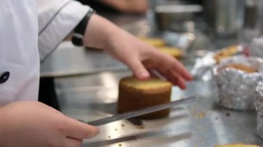 Şekerlemeler, pişirme ve pişirme konsepti. Evdeki mutfakta pasta yapan kadın. Bento keki yapma süreci. Elinde kremalı ahudududulu kek tutan kadın.