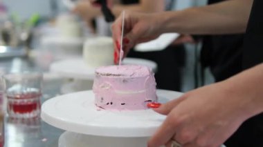 Şekerlemeler, pişirme ve pişirme konsepti. Evdeki mutfakta pasta yapan kadın. Bento keki yapma süreci. Elinde kremalı ahudududulu kek tutan kadın.