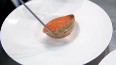 Biber ve sarımsaklı soğuk domates çorbası, İspanyol geleneksel mutfağı, aşçı yemeği. Bitkilerle lezzetli kremalı domates çorbası. Yaz açık sarı domates çorbası.. 