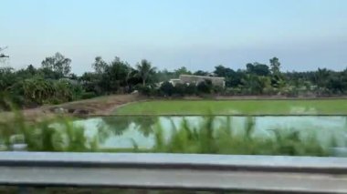 Vietnam 'daki pirinç tarlaları. Pencereden geçen arabaların görüntüsü
