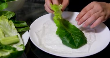 Pişirme işlemi kağıt, salata, salatalık, domuz yağı, kadın eli, beyaz tabak, doğu yemekleri, adım adım pişiyor.