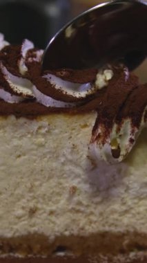 Tahta arka planda bir kaşık karamelli cheesecake, üst manzara. New York peynirli keki, kopyalama alanı. Kaşıkla yaban mersinli kek yiyen kadın.