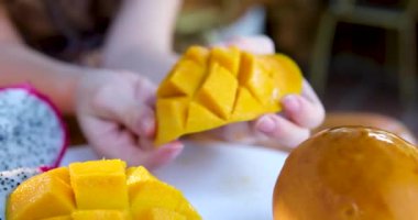 Kız mango kesiyor, lezzetli sulu olgun mango kesiyor bıçakla küp küp kesiyor. Tropik meyve. Mango video eğitiminin nasıl kesileceğini. sağlıklı konsept yemek. Mango Makro kamera hareket ediyor