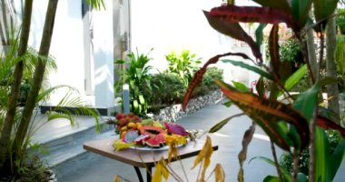 Egzotik tropikal meyveli meyve tabağı. Karpuz papaya pitahaya rambutan elma şekeri mango muzları