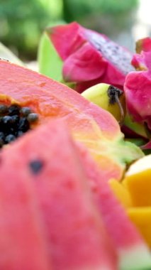 Egzotik tropikal meyveli meyve tabağı. Karpuz papaya pitahaya rambutan elma şekeri mango muzları