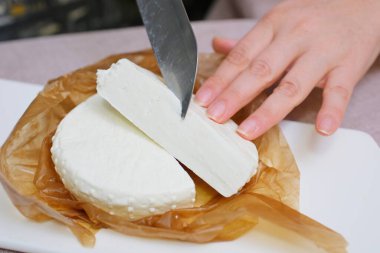 Fresh homemade dairy ricotta cheese, close-up opening white net bag. fresh ricotta cheese with linden white light honey clipart