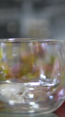 Üzüm damlası köpüklü tableti bir bardak su tabletine damlatıp bir bardak suda eritiyor. Fizzy hapı bir bardak suyun içinde. Ağrı kesici. İçecek, sağlık, sağlık, su, vitamin, tedavi kavramı