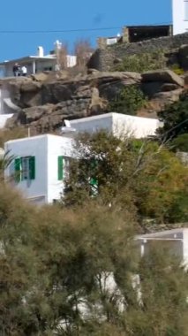 Meşhur yel değirmenleriyle Mykonos kasabası manzarası ve yaz günü tekneleri ve yolcu gemisi olan liman manzarası. Mykonos, Cyclades adaları, Yunanistan. Kamera tavasıyla