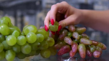 Kırmızı manikürlü kızlar beyaz arka planda parlayan Muscat üzümlerinin üzümlerine dokunuyor.