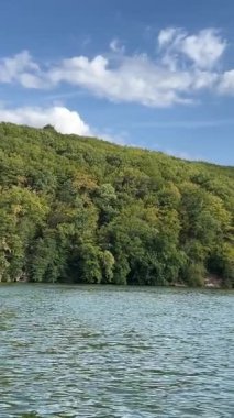 Güneşli bir sonbahar gününde, güzel, pürüzsüz, yeşil bir göl manzarası. Ormanlarla çevrili zümrüt göl manzaralı kuş bakışı. Suda yansıyan bulutlar, sonbaharda gelen altın yapraklar..