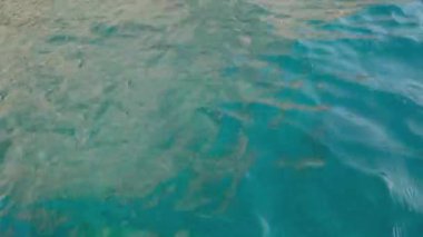 Parlak turkuaz su dalgalı güneş ışığı, durgun doğal kristal temiz su, ışıltılı su, yavaş çekim, yakın çekim, 4k görüntü