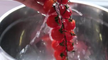 Kırmızı domatesler üzerinde su jeti. Yüksek kalite 4k görüntü