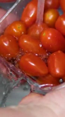 Aşçı akan suyun altında taze domatesleri yıkar, mutfakta sağlıklı bir yemek için hazırlanır. Canlı kırmızı sebzeler yemek pişirmek için temizlenirken parlıyorlar.