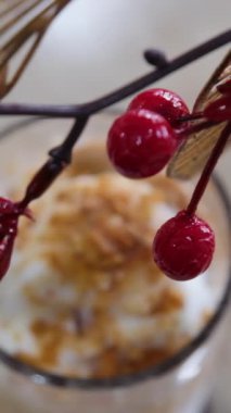 Üst manzara taze mevsimlik çilek parçalarını kremalı yoğurt kasesine döküyor. Etrafı yavaş çekimde su sıçratıyor. İştah açıcı yaz tatlıları süt tatlı çilekler izole edilmiş lezzetli çilekler. 