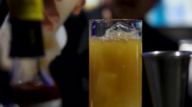 Barmen kokteyl bardağına garnitür ekliyor. Yüksek kalite 4k görüntü