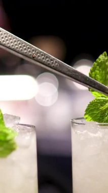 Kokteyle limon dilimi, nane ve buzla ferahlatıcı içecek hazırlama, yaz tazeliğinin sembolü, barmenin içecek yaratması, taze malzemelere yakın çekim, canlı içecek.