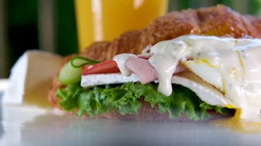 Yumurta, Avokado ve somonla yapılmış lezzetli kruvasan sandviçi geleneksel Fransız mutfağı, Fransa kahvesi, sabah kahvaltısı menüsü. - Evet. Yüksek kalite 4k görüntü