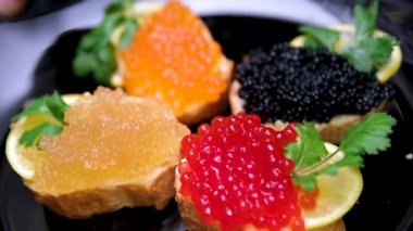 Dört çeşit havyar dekore edilmiş ziyafet masası farklı balık türlerinden aperatifler, soslar ve istiridye kabuklu havyar. Şenlikli deniz ürünleri büfesi, yakın çekim. Yüksek kalite 4k görüntü