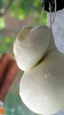Kauçuk eldivenli, tanınmayan kadın fabrika işçilerinin elleri geleneksel peynir yapan mozzarella ve kakovala peynirinin seri üretimini esnetiyor. Yüksek kalite 4k