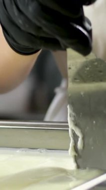 Kauçuk eldivenli, tanınmayan kadın fabrika işçilerinin elleri geleneksel peynir yapan mozzarella ve kakovala peynirinin seri üretimini esnetiyor. Yüksek kalite 4k
