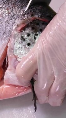 Somon fileto. Somon filetosu dilimlenir ve istiflenir. Somon balığı olarak tazelik ve bolluk kavramı sağlıklı ve besleyici bir besin kaynağıdır..