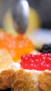 Dört çeşit havyar dekore edilmiş ziyafet masası farklı balık türlerinden aperatifler, soslar ve istiridye kabuklu havyar. Şenlikli deniz ürünleri büfesi, yakın çekim. Yüksek kalite 4k görüntü