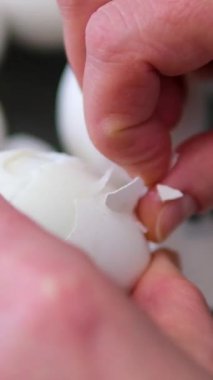 Yemekte protein, kadın eli soyma, haşlanmış tavuk yumurtası, evdeki masada kahvaltı yemeği için malzeme hazırlıyor. Yumurta kabuğunu çıkarmak, yumurta temizlemek, sağlık hizmeti kavramı. 4k görüntü