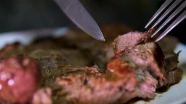 Tabakta kanlı biftek dilimleri. Yüksek kalite 4k görüntü