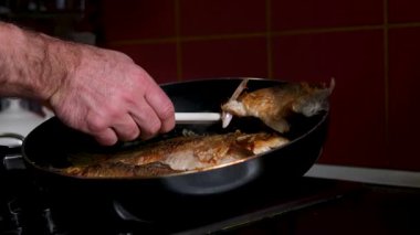Gaz sobasında tavada balık kızartmak. Yüksek kalite 4k görüntü